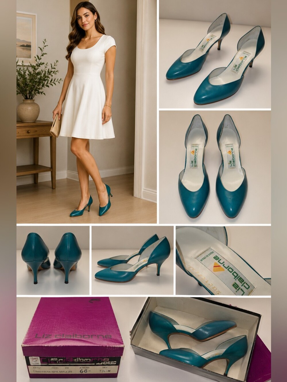 Liz Claiborne Tina Teal D'Orsay Leather Pumps Made in Spain Size 7.5 M Vintage